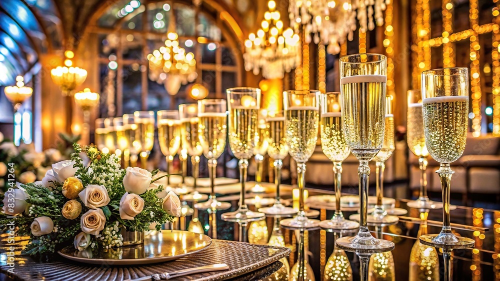 Art Deco-inspired celebration with luxurious decor and sparkling champagne glasses