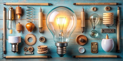 Flat lay of various objects representing clarifying complex ideas with a light bulb in the center photo