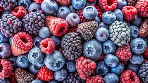 Closeup shot of mixed frozen berries including blueberries and raspberries, a top view of natural organic vegan raw food ingredient photo