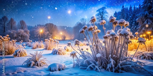 Beautiful snowfall covering frozen ground and plants in a serene winter night landscape photo