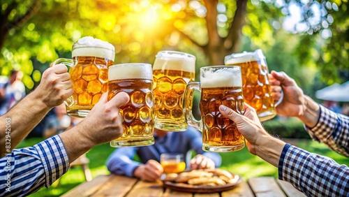 Group of beer mugs clinking together in a beer garden setting photo