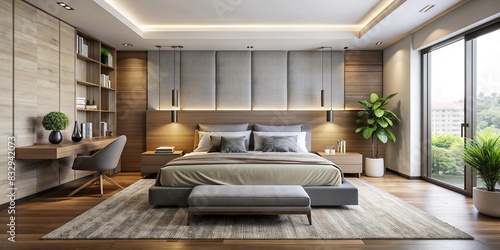Modern bedroom with clean lines and minimalist decor photo