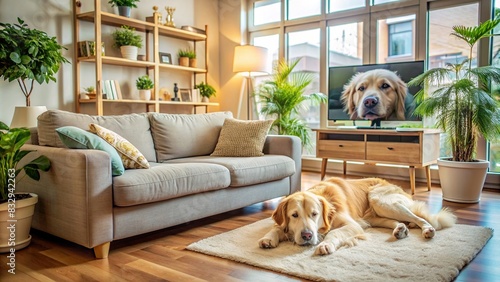Well-decorated living room with a comfortable couch and a fluffy dog napping on it, TV flashing in the background, ideal for relaxation and quality time at home