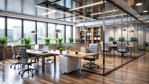 A modern and spacious corporate office with stylish furniture and glass partitions photo