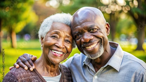 Elderly African couple smiling happily, posing together in a park photo