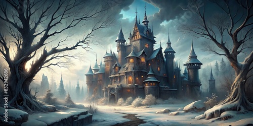 Creepy haunted castle surrounded by lifeless trees in a frozen landscape