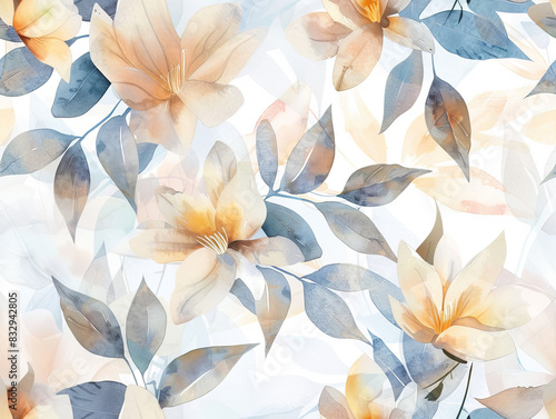 This image displays a soft, watercolor floral design featuring large flowers in muted orange and blue hues.