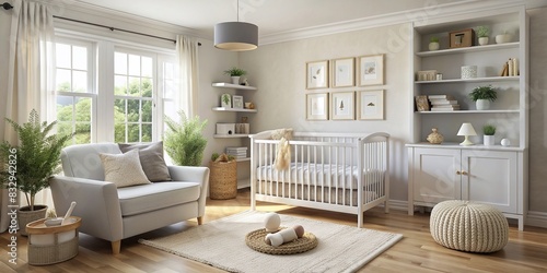 A precious newborn white baby's room with cozy baby essentials photo