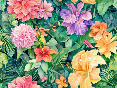 .This image showcases a lush, vibrant watercolor floral design with a variety of large,