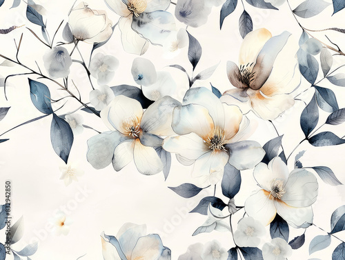 This image features an elegant, watercolor floral design with delicate flowers in soft white and muted blue tones.