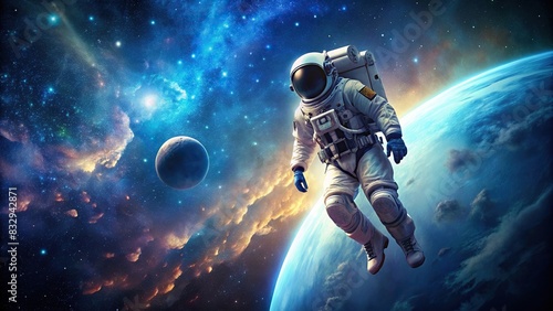 A lone astronaut drifting in the vastness of deep space photo