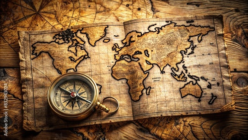 Old pirate map with vintage compass on wooden surface