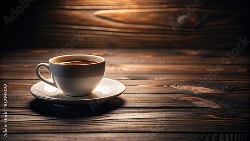 Minimalistic coffee cup on a dark wooden surface with soft lighting, peaceful and serene mood