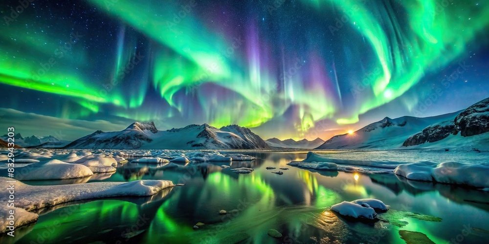 Stunning display of northern lights with snow and ice in the foreground