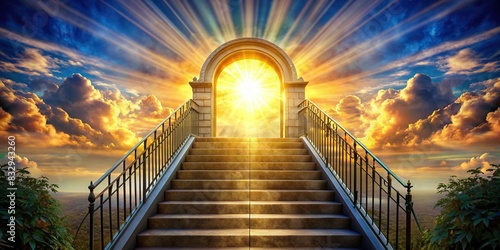 Stairway leading to gates of Paradise with heavenly light shining down photo