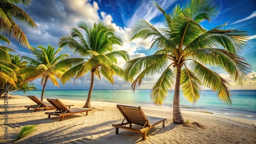 A tropical beach with empty lounge chairs and palm trees © wasan