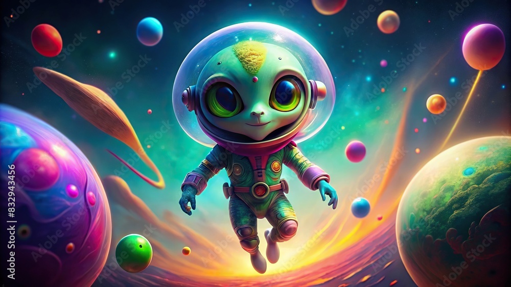 A whimsical and colorful alien character floating in space against a clear background perfect for decorating projects