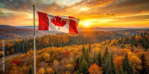 Canadian flag waving above autumn forest at sunset photo
