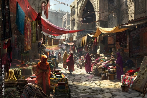 A bustling marketplace overflowing with colorful stalls and vibrant textiles in a forgotten corner of the world. © crescent