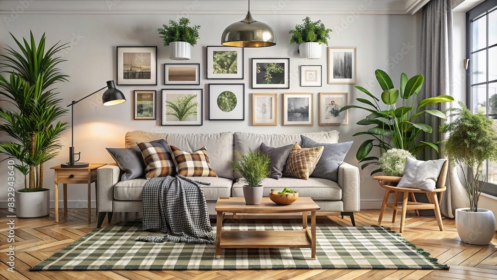 Minimalist Scandinavian bohemian cozy salon design inspiration with framed wall art, plants, plaid, and cushions