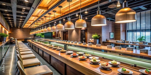 Modern sushi restaurant interior with conveyor belt sushi and stylish lighting fixtures