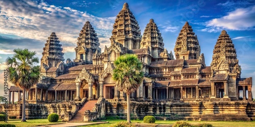 Ancient temple complex in Angkor Wat, Cambodia with intricate stone carvings and towering structures photo