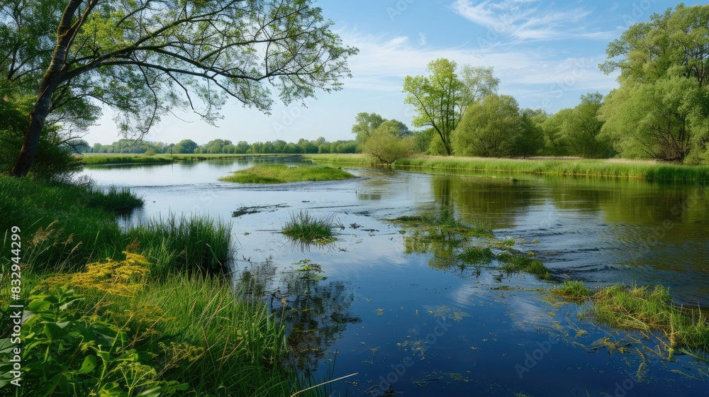 A tranquil plain river flooded during the spring season