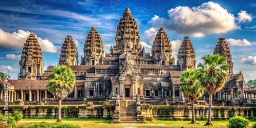 Ancient temple complex in Angkor Wat, Cambodia with intricate stone carvings and towering structures photo