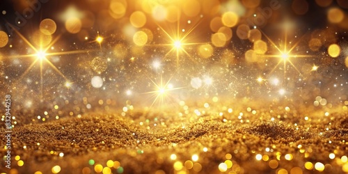 Golden glitter and bokeh on backdrop with luxury particles, stardust, glow light effect, and magic Christmas composition for poster or advertising