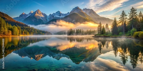Majestic lake surrounded by foggy mountains in the morning photo