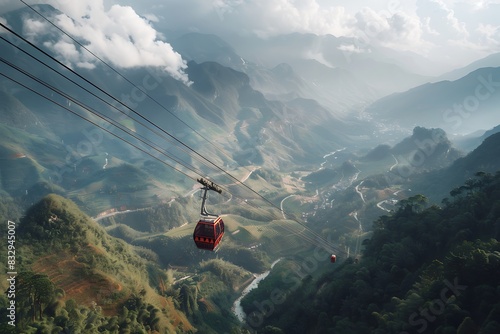 A cable car climbing a steep mountainside with breathtaking views of the valley below