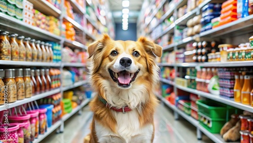 Funny happy dog in a pet supermarket with shelves full of animal accessories