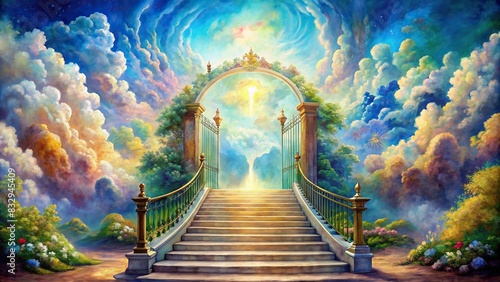 of a majestic stairway to heaven in glory and gates of Paradise, symbolizing Christianity and meeting God, painted with vibrant watercolors photo
