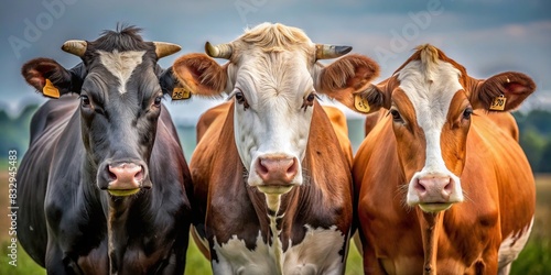 Three cows in black, brown, and white colors standing together and looking back