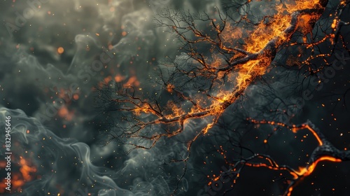 Dry branches are consumed by flames generating dense smoke photo