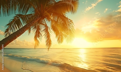 experience a tropical paradise with swaying palm tree and glistening turquoise water and golden sun rays  Generative AI