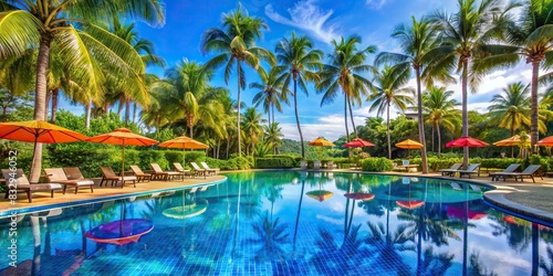 Description Empty swimming pool with crystal clear blue water, surrounded by lush tropical palm trees and colorful umbrellas photo