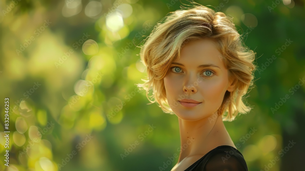 Naklejka premium Potrait of Blonde Woman with Blur Nature Background