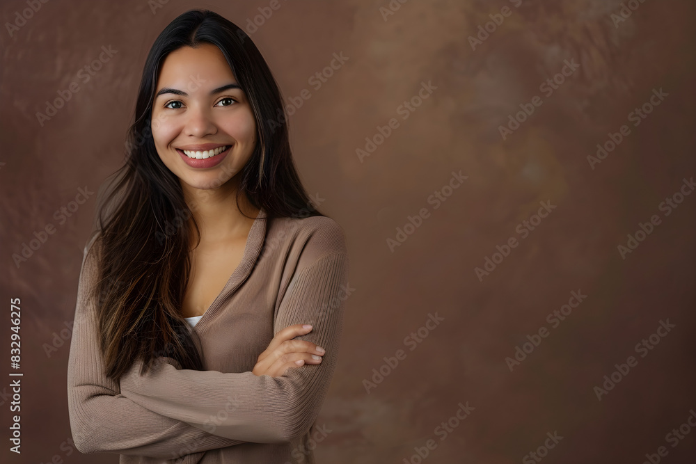 A smiling Latin woman with arms crossed on a brown background exuding confidence and approachability. Suitable for lifestyle, fashion, and cultural themes. A smiling Latin woman with arms crossed on a brown background exuding confidence and approachability. Suitable for lifestyle, fashion, and cultural themes.