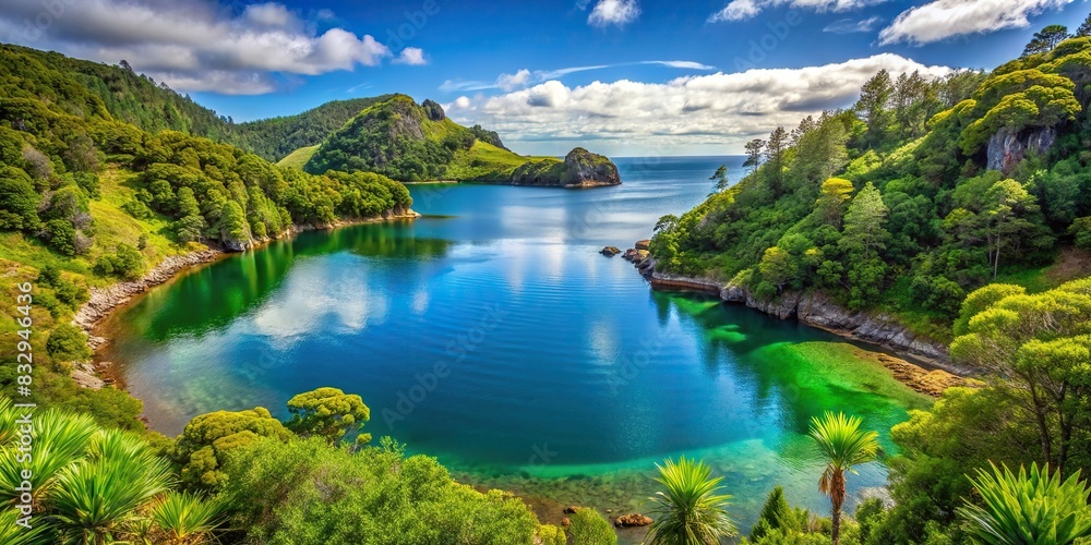Tranquil lake surrounded by vibrant green foliage with a rugged coastline in the background