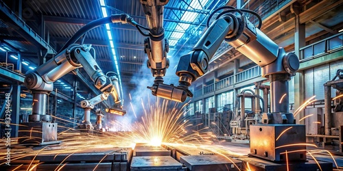 Steel welding robots constructing futuristic urban structures