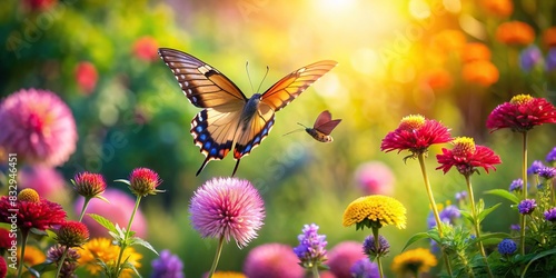 Beautiful bird soaring over a vibrant garden with a butterfly in the foreground