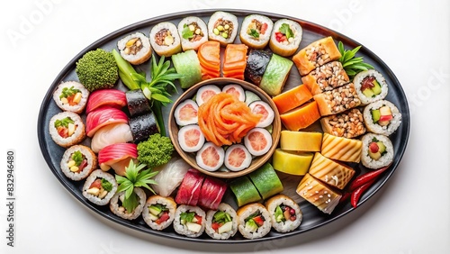 A top-down view of a beautifully presented sushi platter on a white background, featuring a selection of Asian delicacies