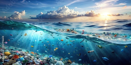 Background of ocean water filled with microplastic particles, illustrating the environmental pollution issue photo