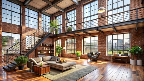 Open loft with expansive window, modern elements like hardwood flooring and brick walls photo