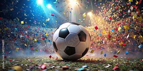 Soccer ball surrounded by confetti  celebrating a win