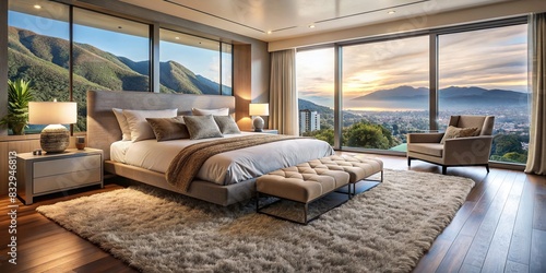 Bedroom with a view, a comfortable bed, and a plush rug photo