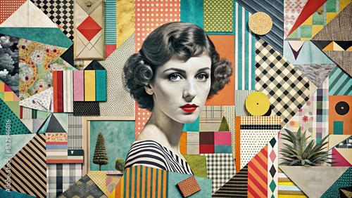 Trendy vintage art collage with geometric shapes and paper cutouts photo