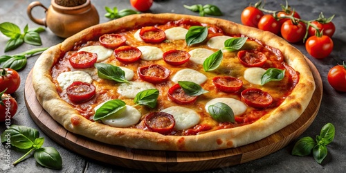 Traditional Italian pizza with toppings such as tomato sauce, mozzarella, basil, and pepperoni on a background photo