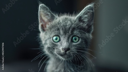 A calm grey kitten gazes into the camera with its striking green eyes
